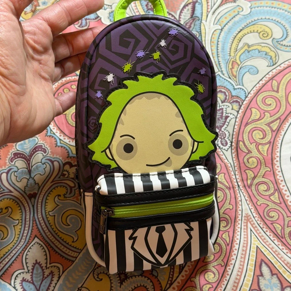 Loungefly Beetlejuice Chibi Mini Backpack Sling Bag Purple Green Striped Suit‎